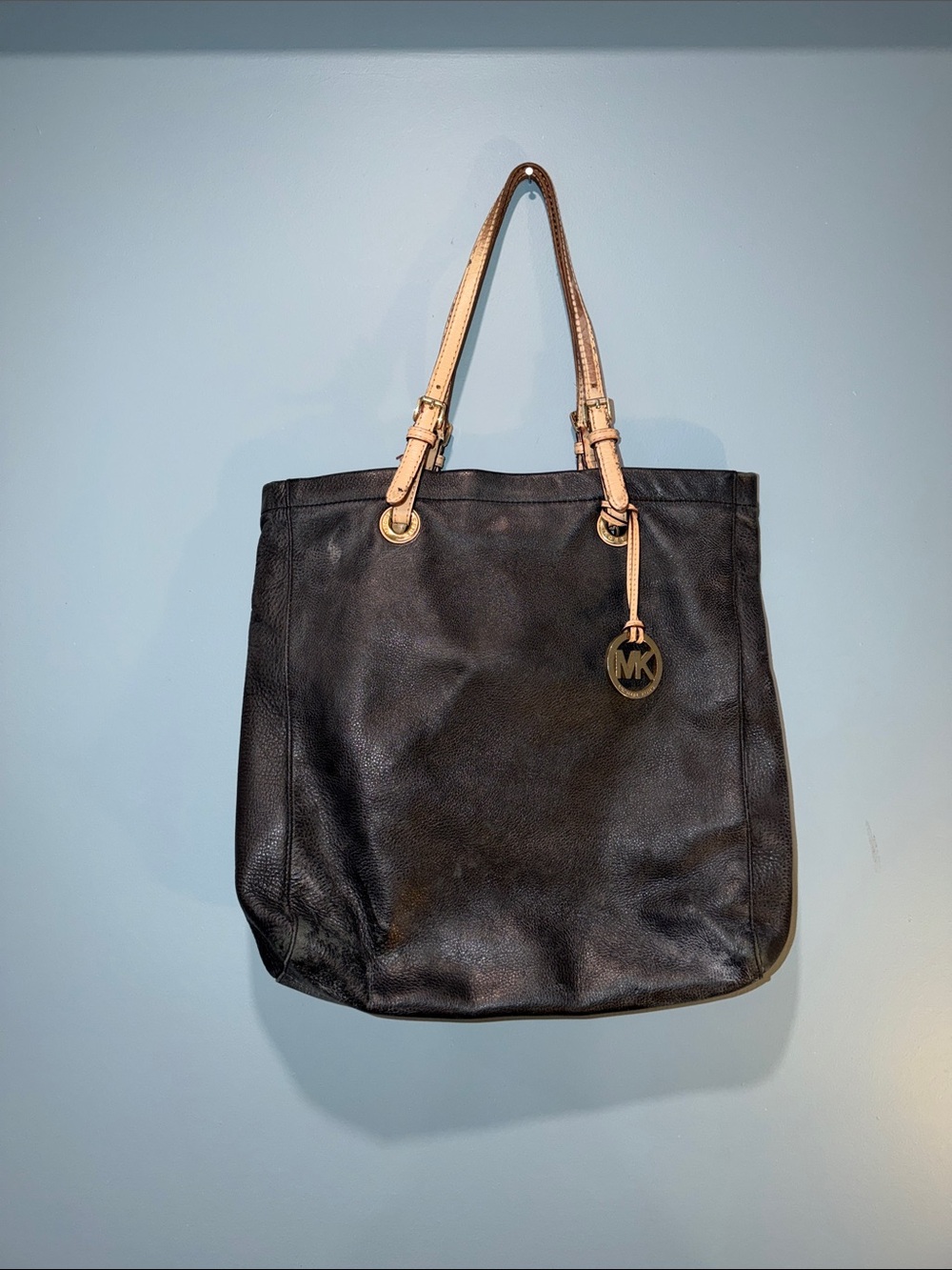 Michael Kors Black Leather Tote with Beige Shoulder Straps